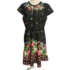 Ted Baker London Black Floral Fit n Flare Short Sleeve Dress Pockets Zipper Sz 5